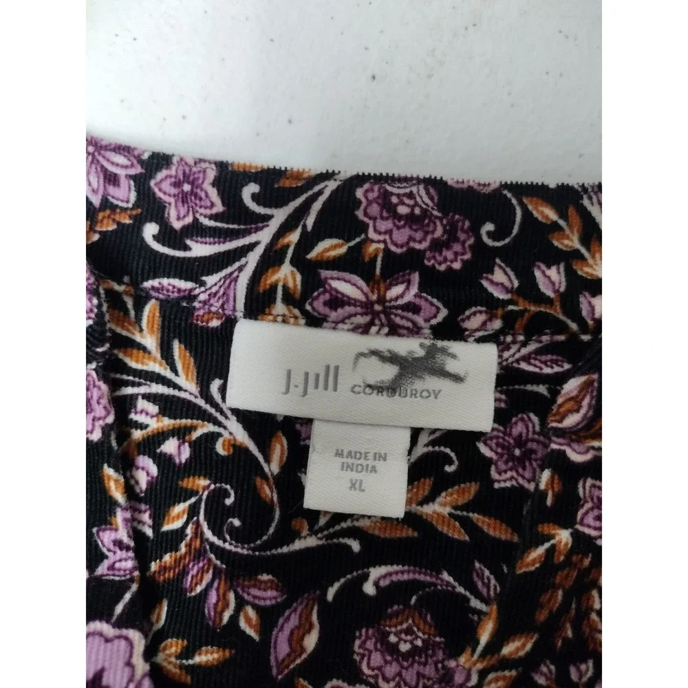 J.Jill Corduroy Floral Top Womens XL Purple Black Button Front Lace Trim Blouse